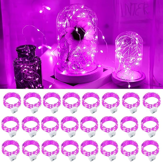 pozzolanas 24 Pack Pink Fairy Lights Battery Operated 3 Modes 7FT 20 LED Waterproof String Lights Twinkle Silver Wire for Mason Jars Wedding Christmas Halloween Party Decor (24, Pink)