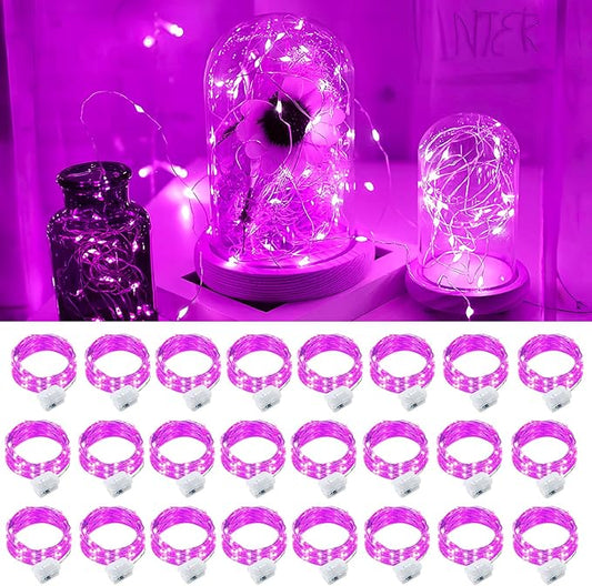 pozzolanas 24 Pack Pink Fairy Lights Battery Operated 3 Modes 7FT 20 LED Waterproof String Lights Twinkle Silver Wire for Mason Jars Wedding Christmas Halloween Party Decor (24, Pink)