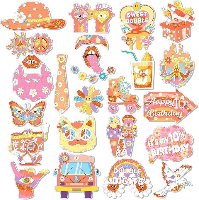 25Pcs Hippie Two Groovy Photo Booth Props, Boho Daisy School Bus Rainbow Peace Party Decorations Favor for Happy 10th Birthday Theme Party Supplies Essentials with Sticks and Glues