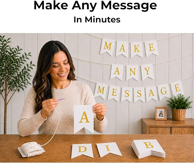 Pre-Printed Banner Kit – 97 White CANVAS Flags with GOLD Letters, Numbers & Symbols, Reusable DIY Custom Banner, Make Your Own Personalized Party Banner, Faux Burlap, Includes Twine & 2 Needles