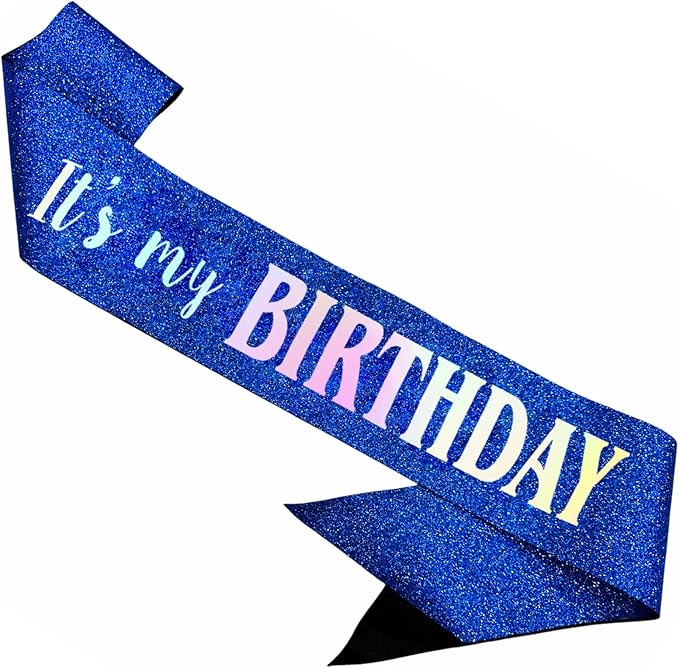 It's My Birthday Sash, Dazzle Foil Letter Glitter Royal Blue Birthday Sash for Women Men Girl Boy Kids Teenager Funny Bday Gifts Party Favors Photo Prop