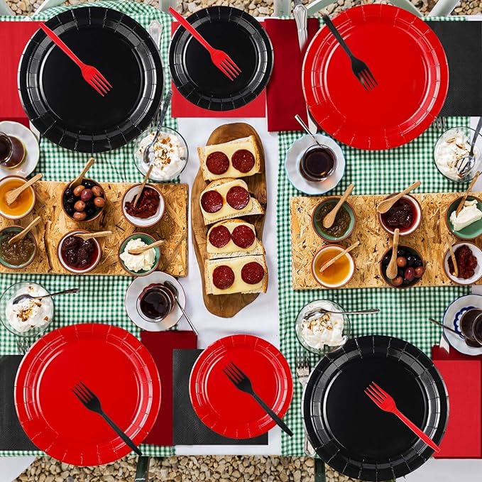 200Pcs Red and Black Party Supplies Graduation Black and Red Paper Plates and Napkins Disposable Stranger Tableware Set for Congrats Grad Holiday Red Black Wedding Birthday Party Decorations Serves 50
