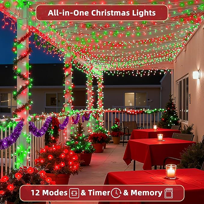 470FT Christmas Lights Outdoor, 1500 LED Christmas Tree Decoration Lights with 12 Modes & Timer Memory, Dimmable Plug In Waterproof LED Xmas Light for Yard Trees Wedding Party Holiday Red & Green