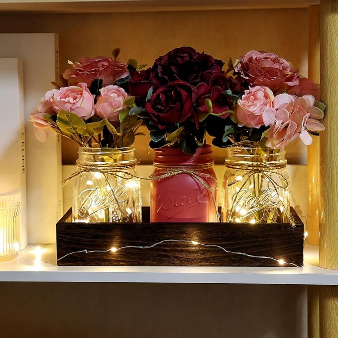 Mason Jar Centerpiece Table Decor for Dining Room Farmhouse Coffee Table Decor with Wood Tray Fairy Lights Fake Flowers for Valentine's Day Kitchen Living Dining Room - Burgundy Pink