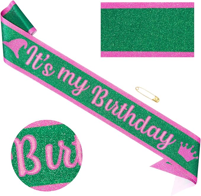 Pink Green Birthday Sash for Women, Hapdoo Witch Themed “It's my Birthday ” Sash with Glitter Foil for Girl, Happy Funny Decorations Accessories for Women Party Favors Supplies
