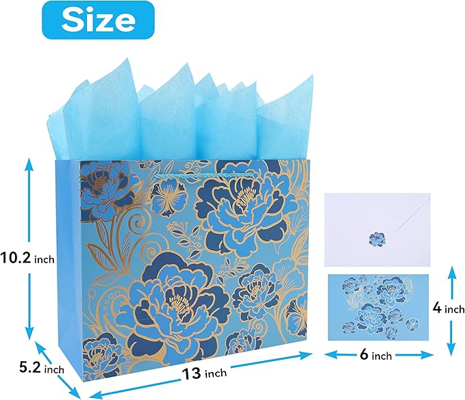 13" Large Rose Blue Gift Bag Set with Greeting Card and Tissue Paper(Foil Traced Flowers) for Celebrating Birthdays, Mother's Day, Weddings, Anniversary, Valentine's Day - 13”x5.2”x10.2”, 1 Pcs.