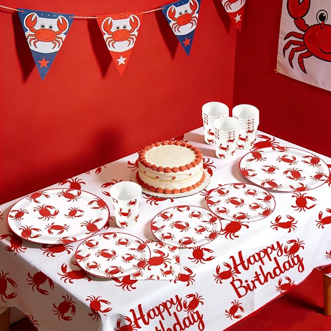 194Pcs Crab Boil Birthday Party Decorations Crabs Boil Plates and Napkins Cups Forks Knives Tableware Sets for Summer Red Crabs Seafood Boil Theme Picnic BBQ Birthday Party Supplies Serves 24