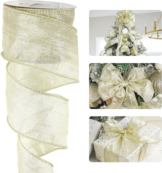 HUIHUANG Champagne Wired Ribbon 2-1/2" Metallic Crinkle Champagne Gold Christmas Ribbon for Xmas Tree, Bows Making, Wreaths, Gift Wrapping, Holiday Home Decor, Garland, DIY Crafts -10 Yards