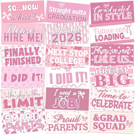 24 Designs Pink Bow Graduation Photo Booth Props Class of 2026 Coquette Double Sided 11x5.51'' Pink and White Graduation Decor Picture Props for Photoshoot Supplies Selfie Sign for Grad Prom Party