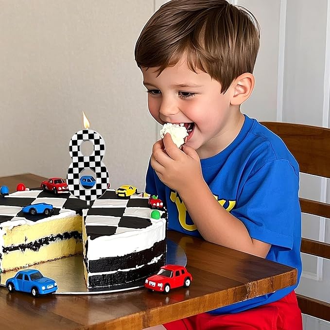 Racing Cars Themed Birthday Candle, Checkered Flag Number Candles Black and White Candles Happy Birthday Cake Topper Party Decorations for Boys Racing Cars Themed Party Supplies (Number 8)