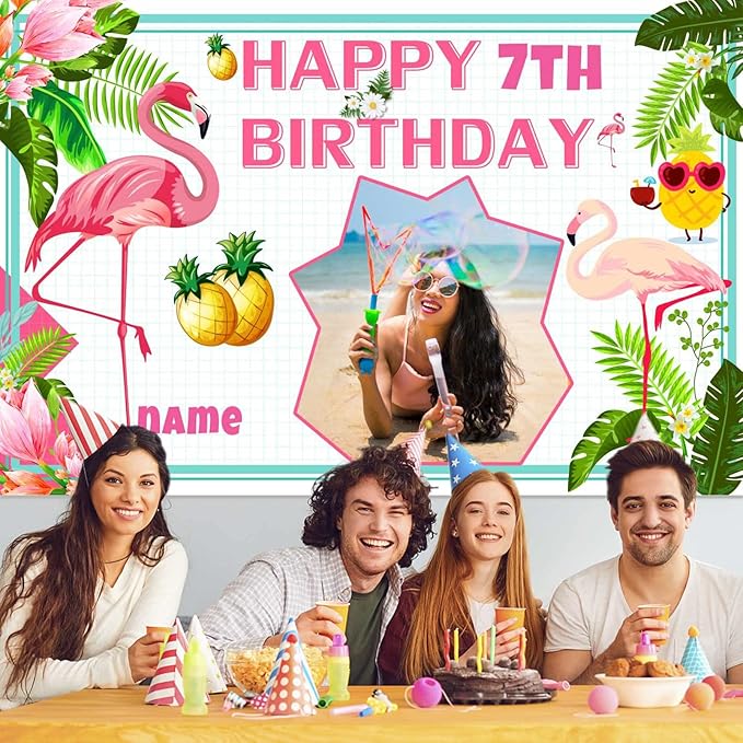 Custom Flamingo Hawaiian Tropical Happy Birthday Party Decorations Supplies Personalized Flamingo Hawaiian Tropical Birthday Luau Party Backdrop Banner(4x6ft)
