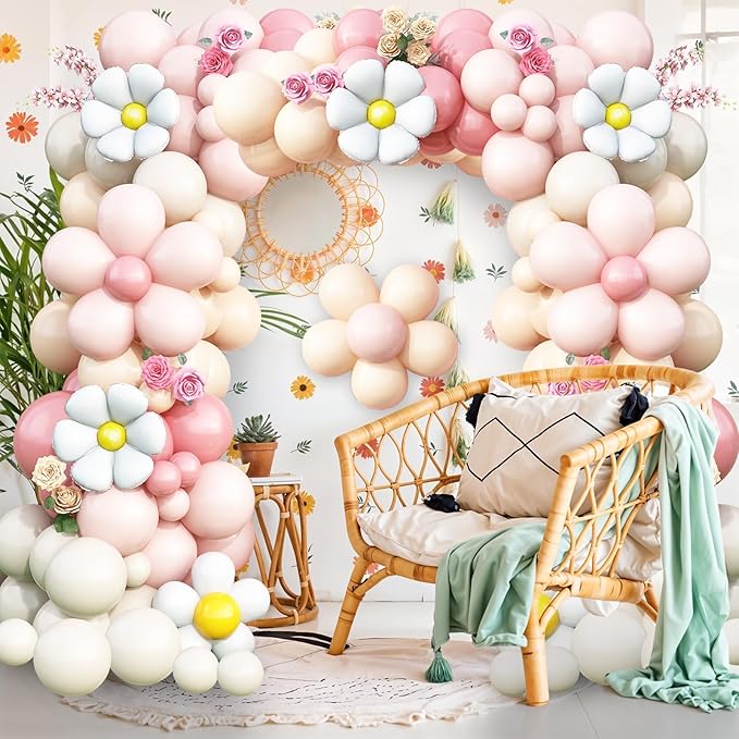 Daisy Balloon Garland Arch Kit,Retro Pink Sand White Hippie Boho Flower Balloons Garland For Birthday Baby Shower Bridal Wedding Groovy Party Decorations