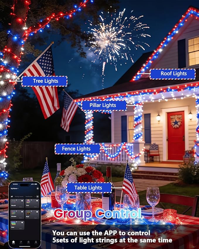 600LED Smart 4th of July String Lights | 206FT App Controlled Red White and Blue American Flag Lights, Waterproof Patriotic RGB Color Changing String Lights with Remote & Timer Outdoor for Memory Day