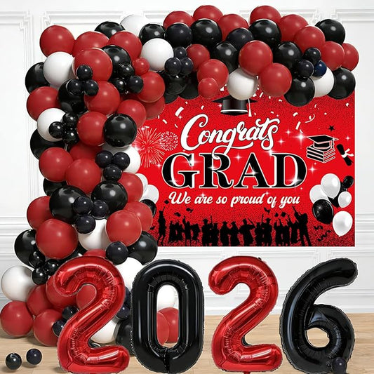 Red and Black Graduation Party Decorations 2026 - Graduation Balloon Arch Kit With Red Black Graduation Balloons, Congrats Grad Backdrop, 2026 Foil Balloons For High College School Gradua tion Decor