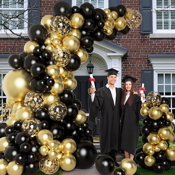 DBKL Black and Gold Balloons Garland Arch Kit with Black Gold Confetti Balloons for Happy New Year Decorations 2025 Birthday Graduation Party Supplies