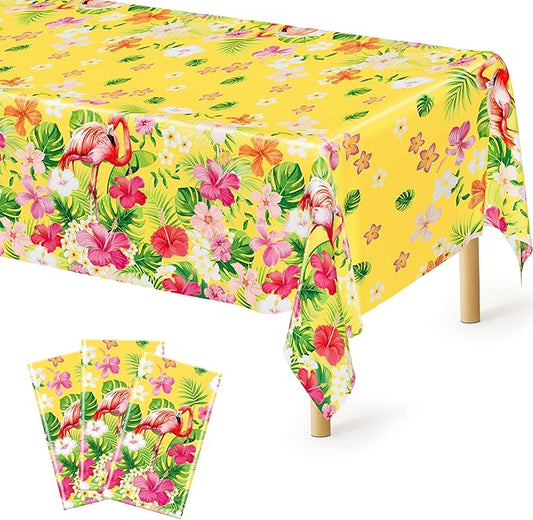 QZYL 3 PCS Hawaiian Table Cloths, 54 x 108 Inches Luau Tablecloths, Disposable Aloha Party Decorations with Summer Flamingo Palm Leaves, Plastic Luau Party Supplies Tropical Decorations for Tiki Bar