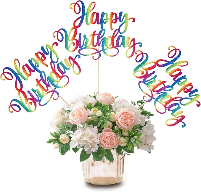 12 PCS Happy Birthday Centerpieces Sticks Double Sided Glitter Birthday Party Decorations Anniversary Table Flower Centerpiece for Celebrating Birthday Party Centerpieces Supplies Colorful