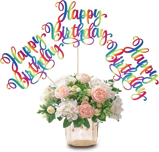 12 PCS Happy Birthday Centerpieces Sticks Double Sided Glitter Birthday Party Decorations Anniversary Table Flower Centerpiece for Celebrating Birthday Party Centerpieces Supplies Colorful