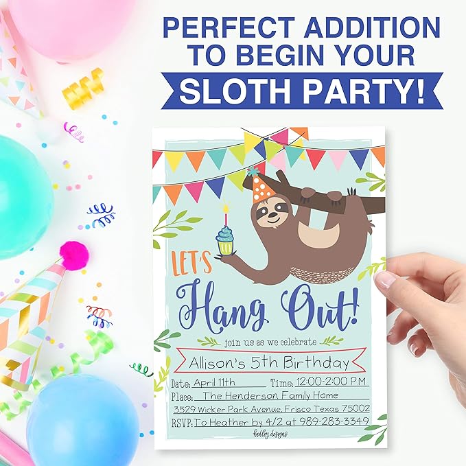 Hadley Designs Kids Birthday Invitations For Boys and Girls Sloth Theme - 25 Sloth Birthday Party Invitations For Boys, Let's Hang Out Invites For Girls, Cute Animal Party Supplies, Made In USA