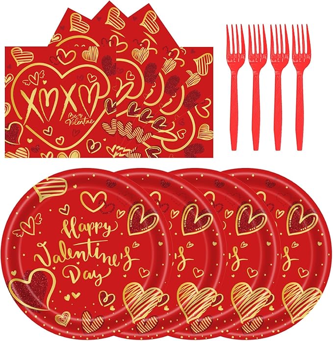 72Pcs Happy Valentine's Day Plates and Napkins Party Supplies Red & Gold Heart Paper Plates and Napkins with Forks 7inch Disposable Love Heart Dessert Plate Tableware Decorations for Valentines Day