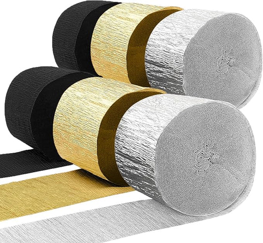 PheiLa Crepe Paper Streamers 6 Rolls 492ft, Black and Gold Crepe Paper Graduation Party Decorations DIY Gift Wrapping Birthday Holiday Party Decor, 1.77 Inch x 82 Ft/Roll