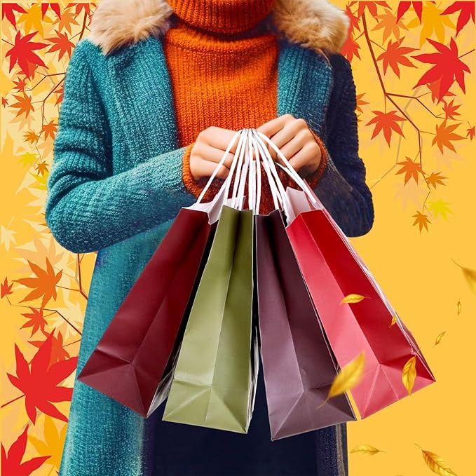 Humyoun 24 Pcs Thanksgiving Fall Paper Gift Bags with Handles, Orange Goodies Treat Candy Bags for Holiday Party Favor Gift Wrapping Autumn Wedding Birthday Party Favors