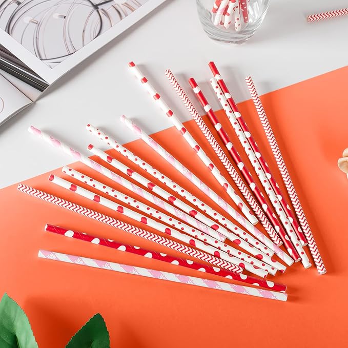 [100 Pack] Valentine Paper Straws, φ0.24''*8.27'' Red Heart Paper Straws for Valentines, Wedding, Party, Eco Friendly Drinking Straws (Red Heart, 0.24''*8.27'')
