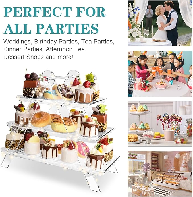 3 Tier Serving Tray, Cupcake Stand Party Serving Decorative Tray Decor with 2m Light String, Reusable Collapsible Tiered Serving Tray for Birthday Tea Wedding Party Baby Shower Christmas (Acrylic)