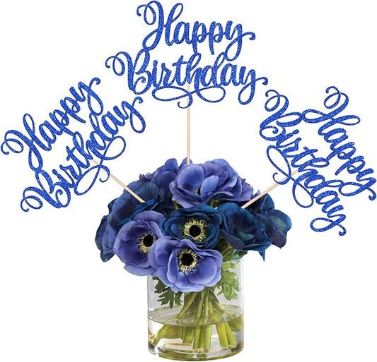 12 PCS Happy Birthday Centerpiece Sticks Double Sided Glitter Happy Birthday Table Flower Centerpieces Decorations for Celebrating Anniversary Theme Party Centerpieces Supplies Dark Blue