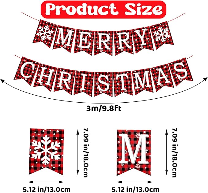 Merry Christmas Banner, Pre-Strung Buffalo Plaid Xmas Decorations, Merry Christmas Sign Indoor with Snowflake, Mantle Xmas Decor for Winter New Year Fireplace Hanging Sign
