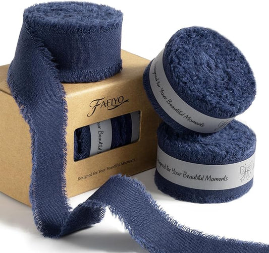 Navy Blue Cotton Ribbon 1 Inch Navy Blue 3 Rolls 21 Yards Frayed Edge Fabric Set for Formal Wedding Decor, Graduation Party, Gift Wrapping, Patriotic Party & Memorial Day