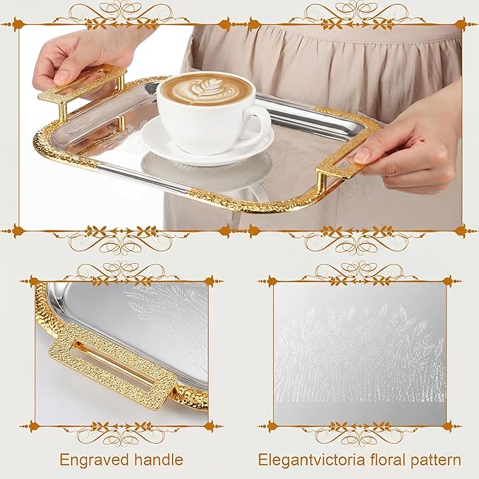 4 Pcs Silver Serving Tray with Handles Elegant Victoria Floral Engraved Metal Platters Large Decorative Trays for Buffet,Wedding Party, Jewelry Display, Service (Modern,Slive and Gold)