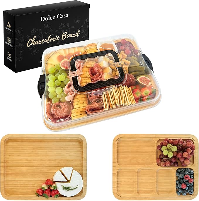 Charcuterie Board with Lid & Handle, 3-in-1, Portable Bamboo Serving Tray with Lid & Removable Snack Tray for Cheese, Fruit, Food, Cheese Platter for Picnic, Travel, Ready-to-Gift