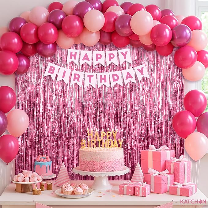 KatchOn, Valentines Day Decorations Set - Huge, Pack of 52 | Pink Fringe Backdrop Curtain and Latex Balloons for Galentines Day Decorations | Bachelorette, Birthday Decoration | Pink Party Decoration