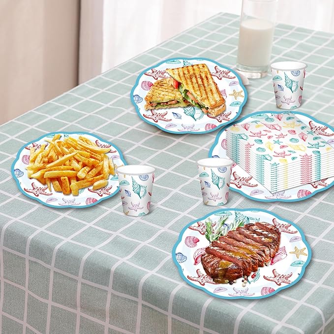 180PCS Summer Beach Party Paper Plate,Seashell and Starfish Paper Plates Supplies-Seashell and Starfish Plates, Cups, Napkins and Knife Fork For Birthday Baby Shower Bridal Wedding Party