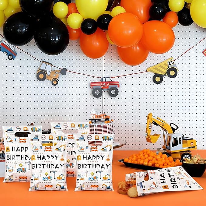 Hxezoc 50 Pieces Construction Gift Bags with Handle, Plastic Treat Candy Bag Construction Vehicle Favor Bag for Boys Kids Birthday Party Decoration Supplies