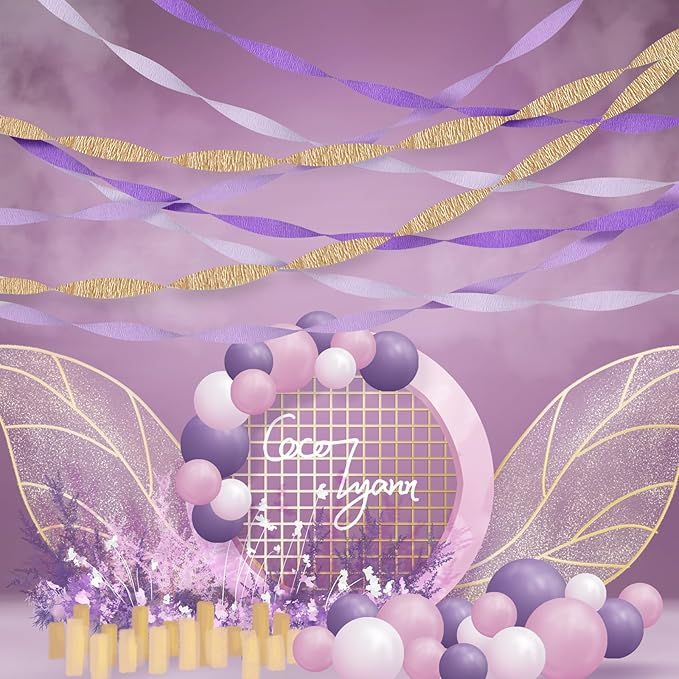 Purple Gold Party Decorations, 8 Rolls Purple Gold Crepe Paper Streamers, for Birthday Anniversary Bridal Shower Wedding Lavender Graduation Mardi Gras Decorations, 1.8 Inch x 82 Ft/Roll
