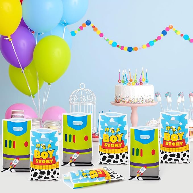 Andi Cppss Cartoon Story Party Favor Bags - 50PCS Boy Story Party Gift Bags for Boys Plastic Goodies Bag with Handle for Birthday Parties Supplies Boys Baby Show Birthday Parties Favor Treat Candy Bag
