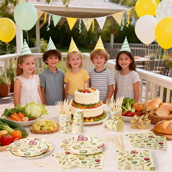 144Pcs Vegetable Birthday Party Supplies Decorations Paper Plates Napkins Vintage Party Tableware Disposable Dinnerware Set for Kids Birthday Baby Shower Table Decor, Serve 24