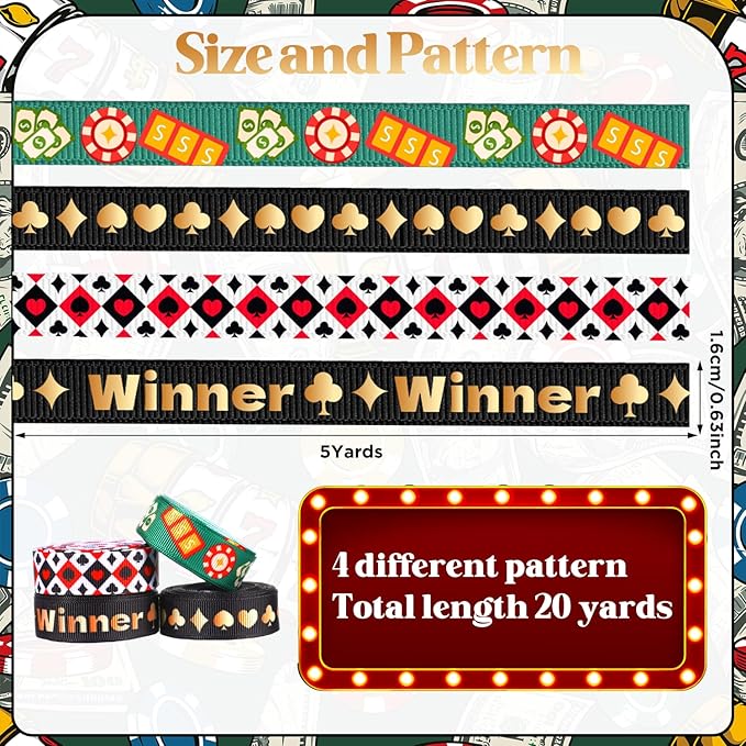 4 Roll Playing Card Ribbon Set, Casino Theme Grosgrain Ribbons, 5/8" x 20Yard Casino Cards Ribbon, Black and Red Decorative Ribbons for Gift Wrapping DIY Poker Theme Birthday Party (Casino Theme)