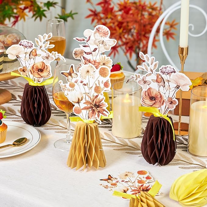SUNBEAUTY Boho Flower Table Decoration 9Pcs Brown Floral Honeycomb Centerpieces Natural Party Decorations Paper Flower Table Decor for Home Rustic Wedding Baby Shower Neutral Birthday Party Supplies