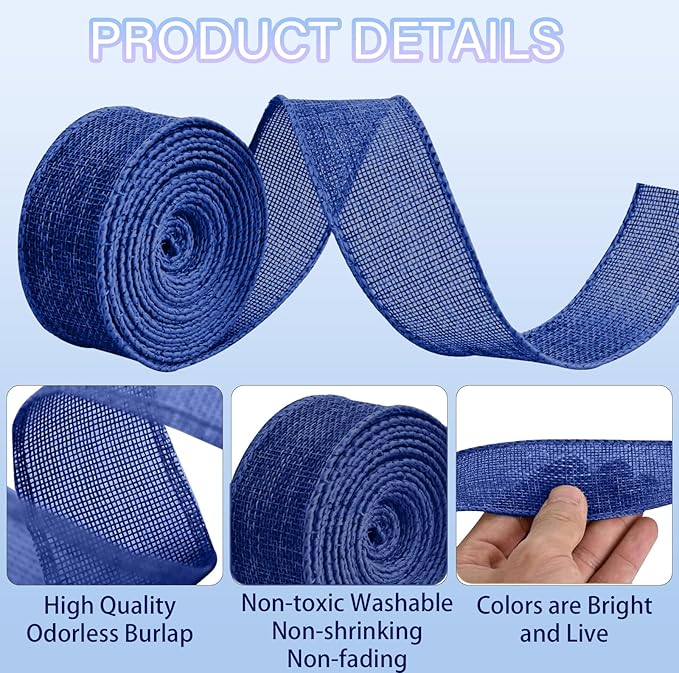 Navy Blue Burlap Ribbon 1/2 inch X 10 Yard Natural Navy Blue Woven Ribbon DIY Handmade Solid Wired Edging Production Wreath Holiday Decoration Gift Ribbon for Gift Wrapping Navy Blue Ribbon