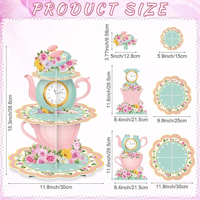 Zopeal 3 Tier Floral Tea Party Cupcake Stand Decorations Spring Vintage Teapot Cupcake Holder Talking Dessert Tower for Flower Theme Baby Shower Princess Birthday Wedding Supplies