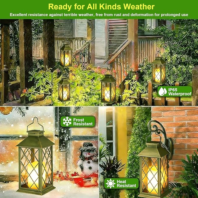 14" Large Tempered Glass Solar Lanterns Outdoor Waterproof, Hanging Solar Lights with Flickering Flameless Candles, Retro Solar Lantern for Wall Porch Patio Table Garden Decoration (Bronze)