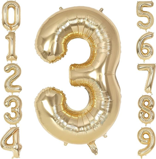 Champagne Gold Large Number 3 Balloon, 40 Inch Light Gold Foil Helium Number Balloons, Giant Mylar Number 3 Balloons for 3 Years Old Birthday Party Anniversary Decorations