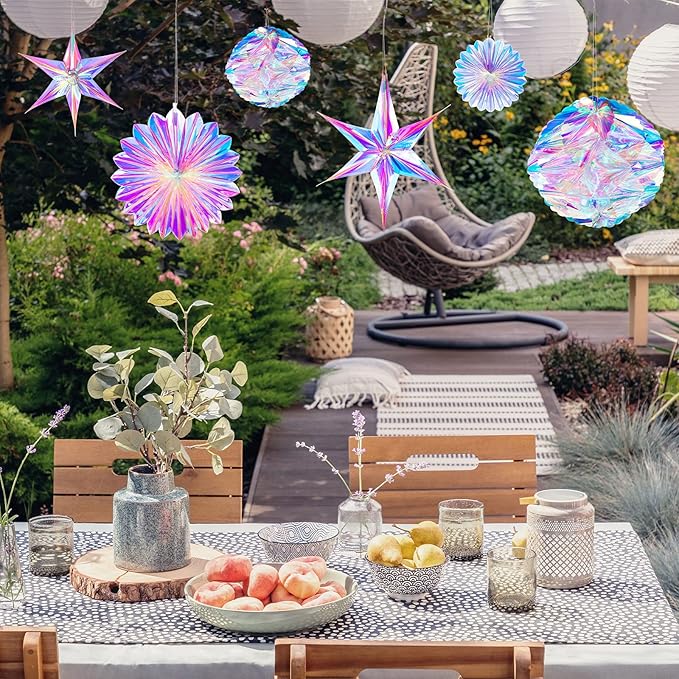 29 Pieces Iridescent Holographic Party Supplies Kit with Hanging Honeycomb Ball Decorative Paper Fan Snowflake Garlands White Star Hanging Swirl Decorations for Birthday Wedding Party Home
