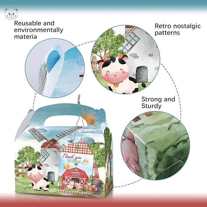 Farm Party Boxes, 12 Pcs Farm Theme Gift Boxes with Thank You Cards for Birthday, Farmhouse Theme Party Supplies