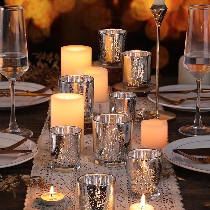 Volens 24pcs Assorted Silver Votive Candle Holders for Wedding Table Centerpieces, Large Mercury Glass Candle Holder for Votive & Tealight Candle, Silver Party Decorations for Bridal and Baby Shower
