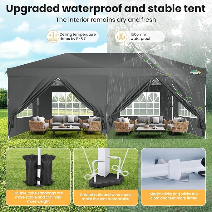COBIZI 10x20 Pop Up Canopy Tent, One Push Easy Up Gazebo with 6 Removable Sidewalls & Air Vent, Waterproof UV50+ Commercial Canopy with 4 Sandbags, Stakes & Ropes for Parties/Wedding/Backyard,Gray