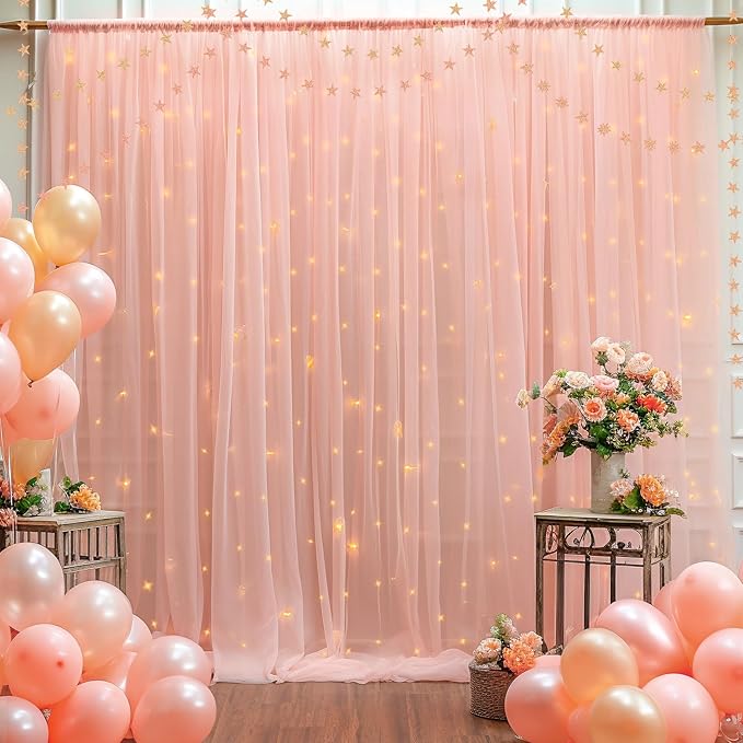 30x8ft Peach Tulle Backdrop Curtain with Lights String for Parites, Sheer Photo Backdrop Curtains for Easter Wedding Baby Shower Birthday Party Photo Shoot Decorations